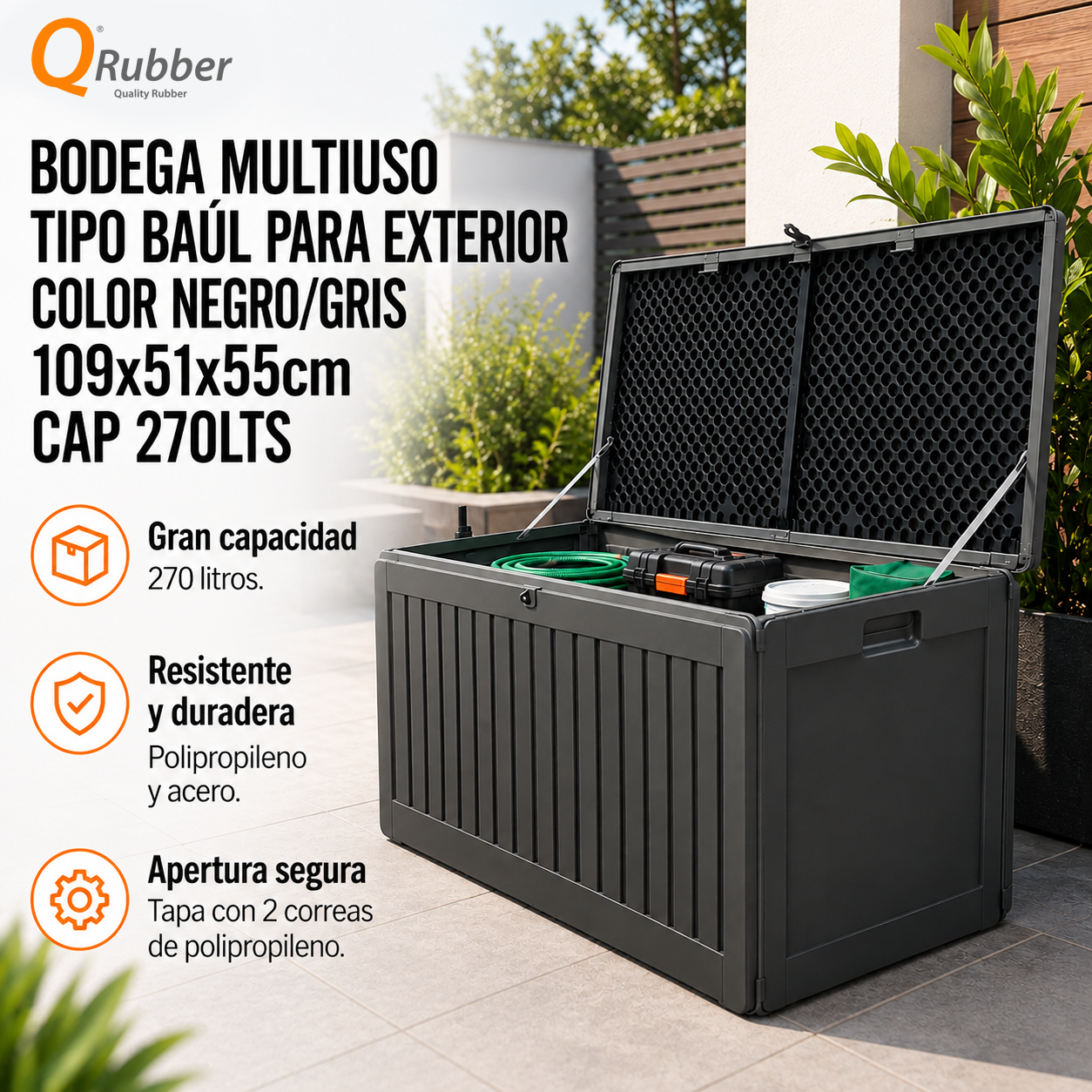 Bodega multiuso tipo baúl para exterior color negro/gris 109x51x55cm cap 270lts - Imagen 2