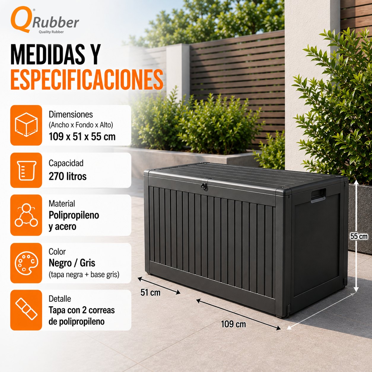 Bodega multiuso tipo baúl para exterior color negro/gris 109x51x55cm cap 270lts - Imagen 6